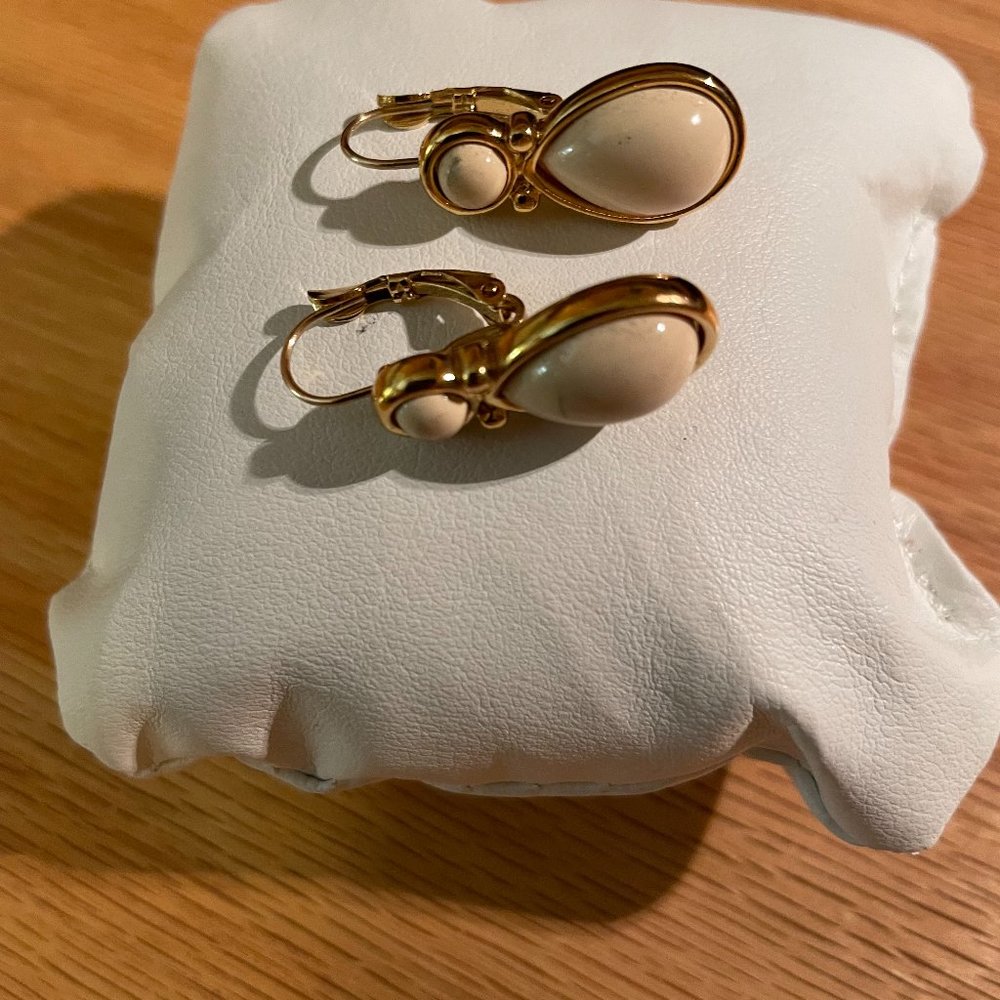 Vintage Monet Cream Earrings, Gold Tone